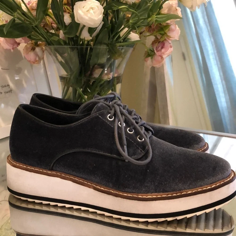Shellys London Dark Grey Velvet Platform Shoes, size 5.5